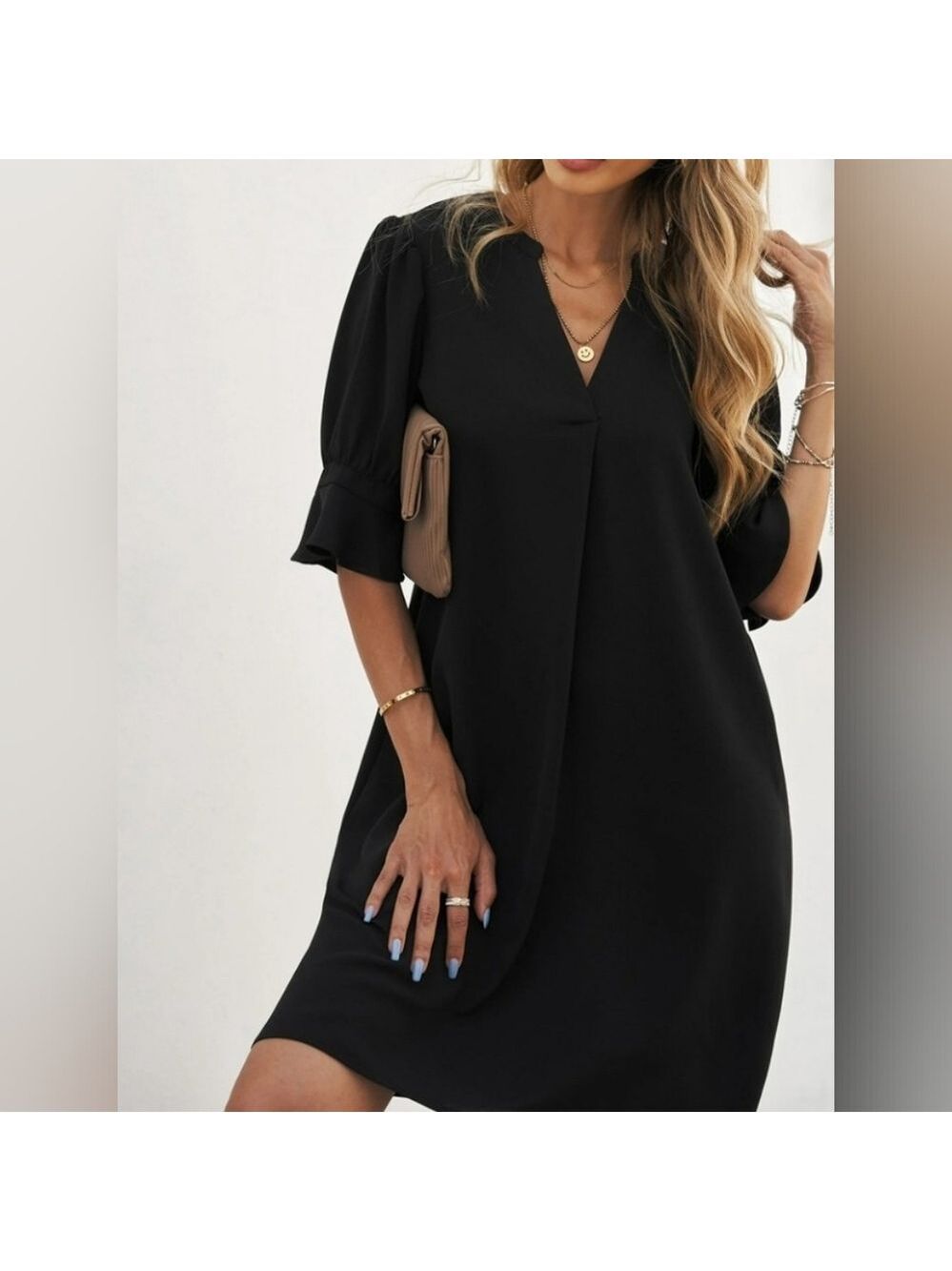 Vee Neck Short Sleeve Tunic Dress Black Size XL - Picture 3 of 9